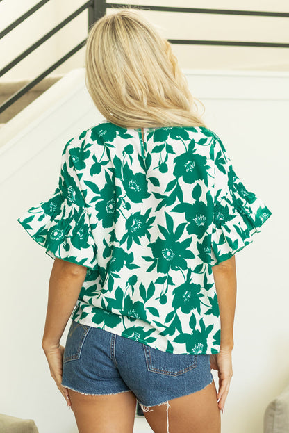 Threaded Pear Mavis Floral Ruffled Short Sleeve Loose Blouse