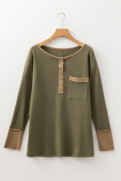 Threaded Pear Blake Waffle Textured Tunic Henley Top with Slits