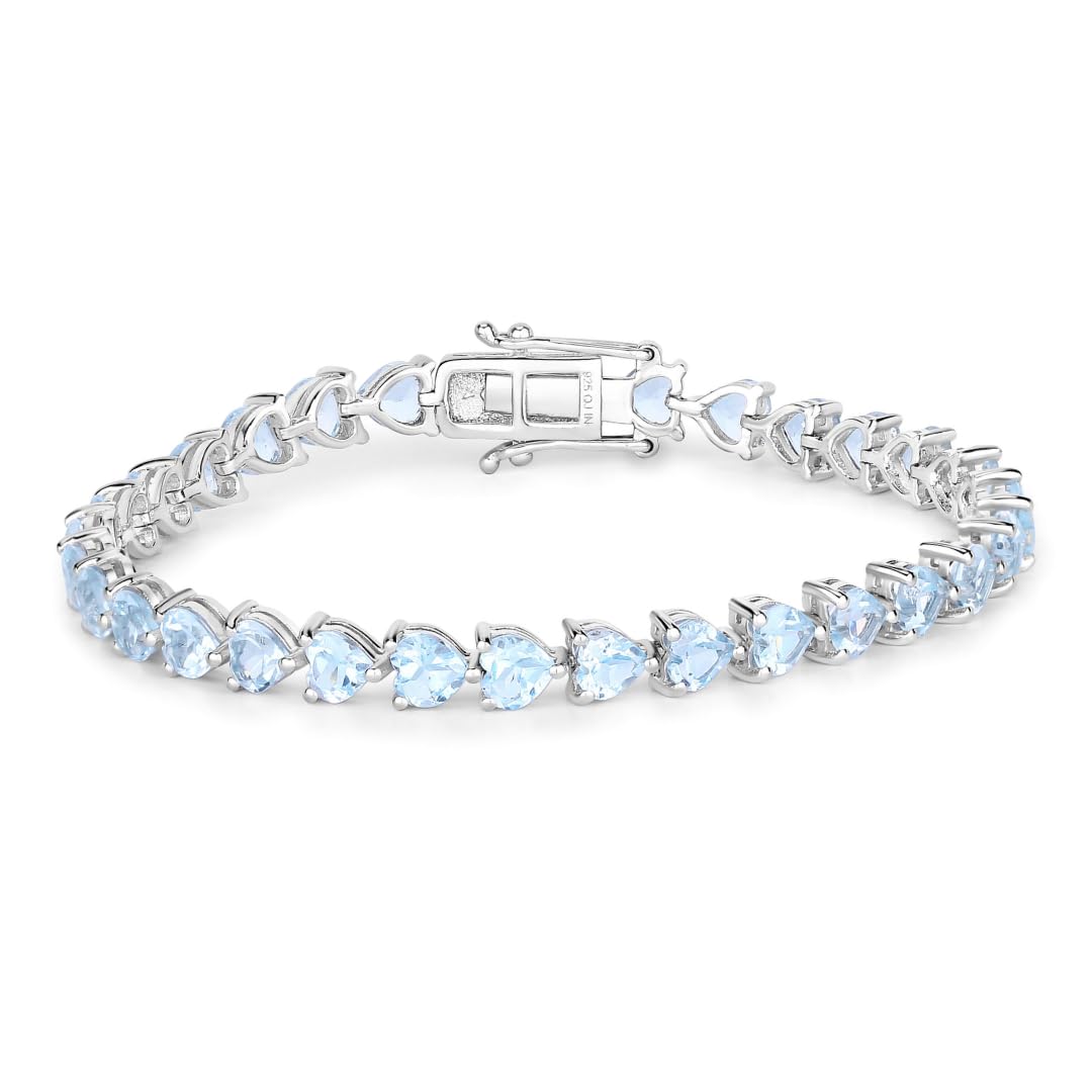 Heart Sky Blue Topaz Prong Silver Tennis Bracelet