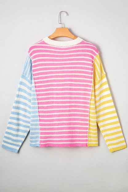 Threaded Pear Esther Striped Patchwork Dolman Sleeve Slit Sweater