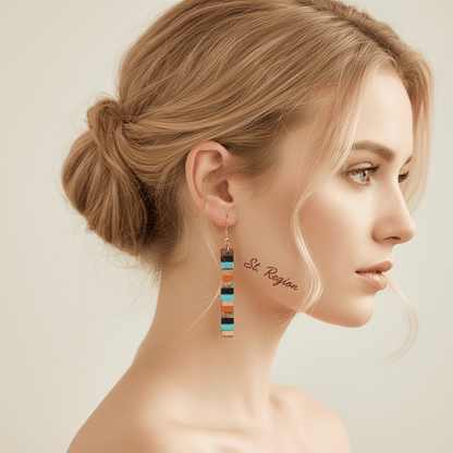 Blue & Orange Resin Wood Goldtone Striped Bar Hook Earrings