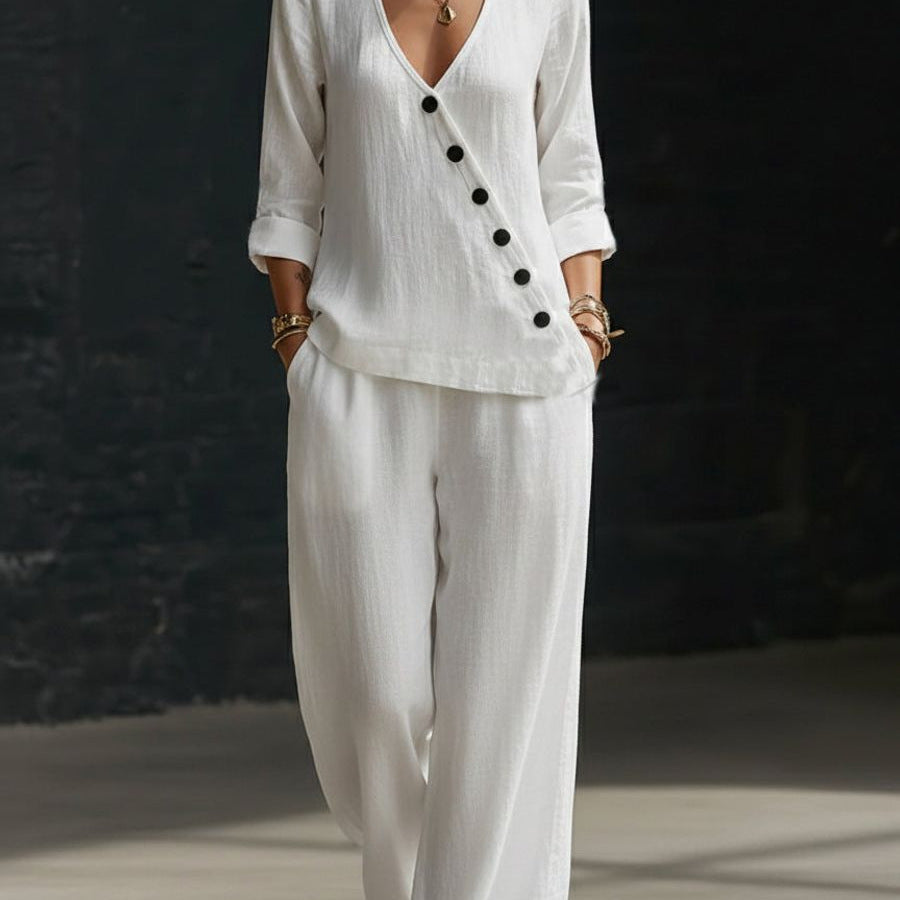 Women’s V-Neck Cross-Over Shirt and Wide-Leg Pants Set