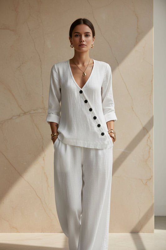 Women's V-Neck Diagonal Button Placket Cotton-Linen Shirt & Wide-Leg Pants Set