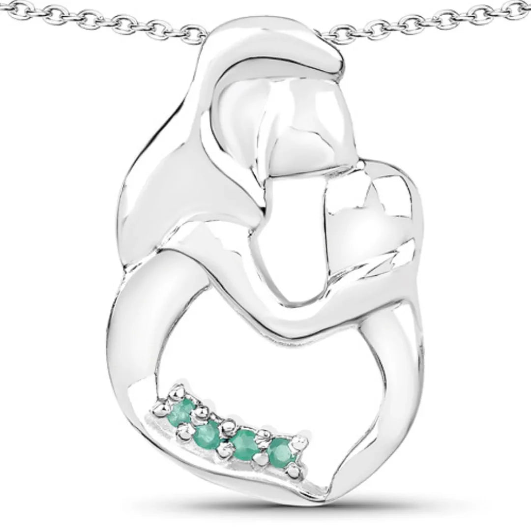 Round Green Emerald Prong Silver Mom Pendant Necklace