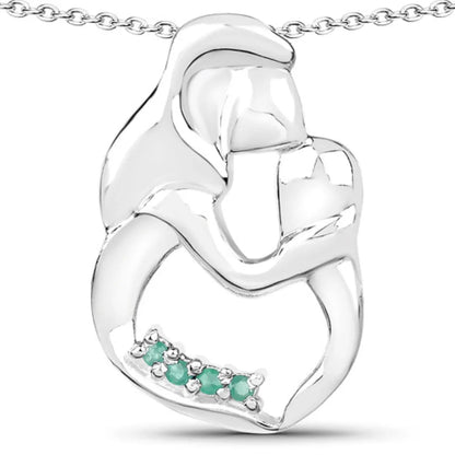 Round Green Emerald Prong Silver Mom Pendant Necklace