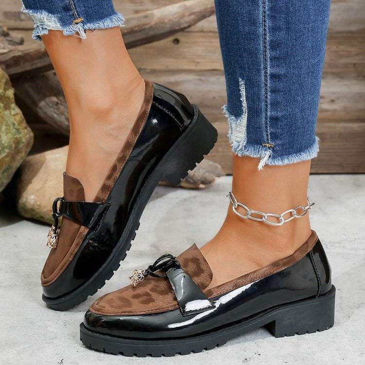 Women's Korean Style Leopard Print Buckle Loafers – Mid-Heel Non-Slip Casual Shoes