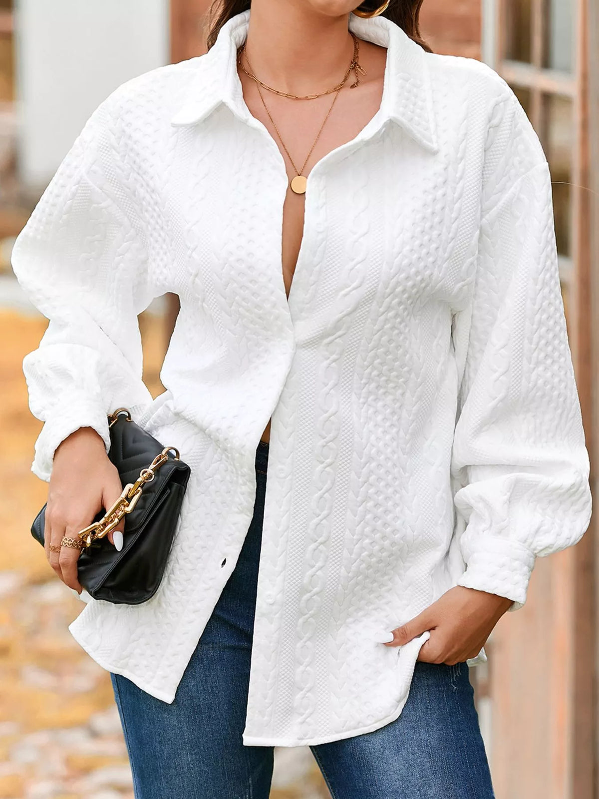 Cable Texture Puff Sleeve Loose Shacket