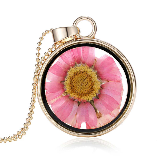 Pink Pressed Mum & Goldtone Round Pendant Necklace