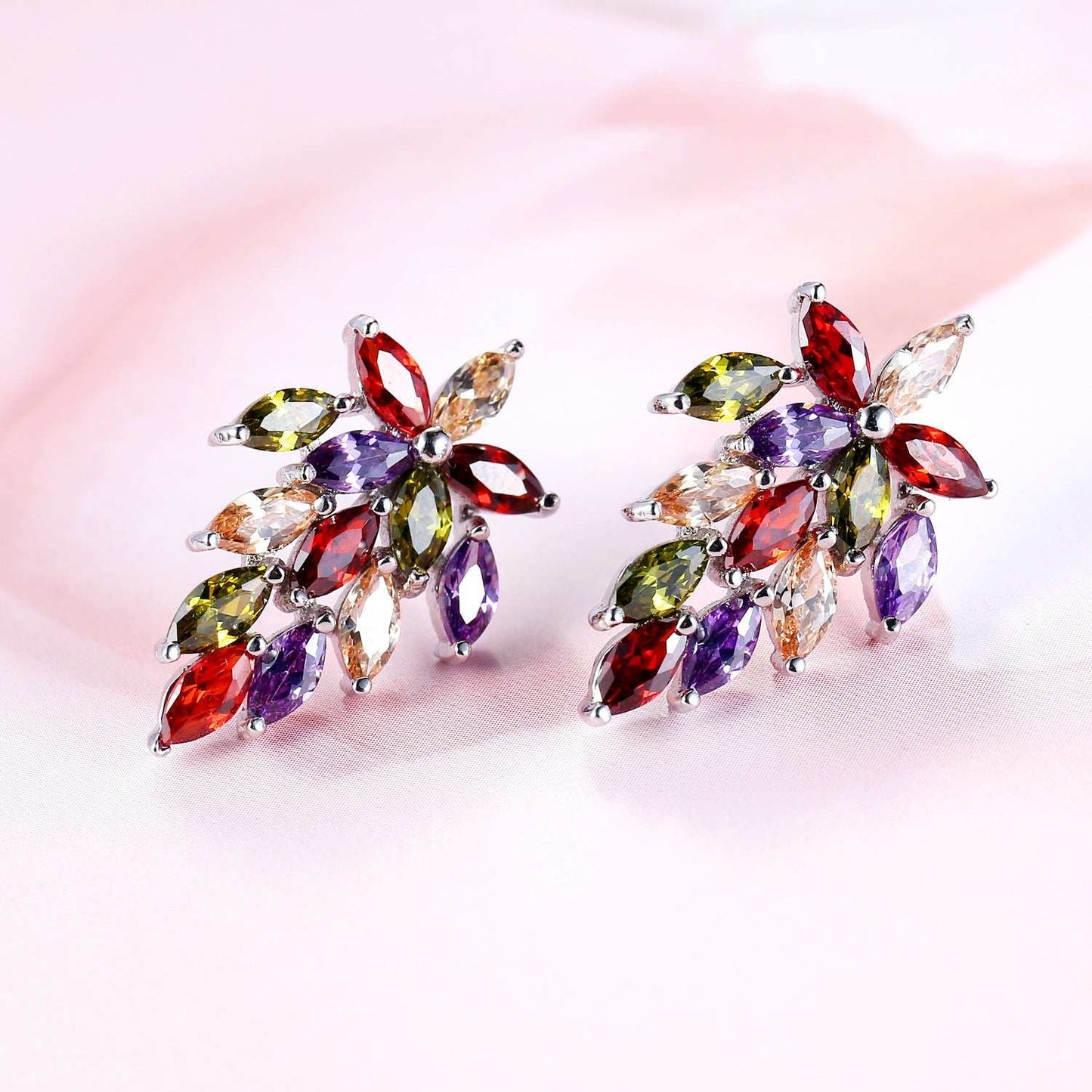 Multi-colored Crystal & Silvertone Flower Cluster Dangle Earrings