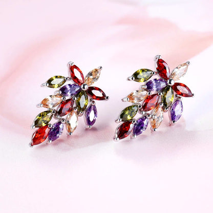 Multi-colored Crystal & Silvertone Flower Cluster Dangle Earrings