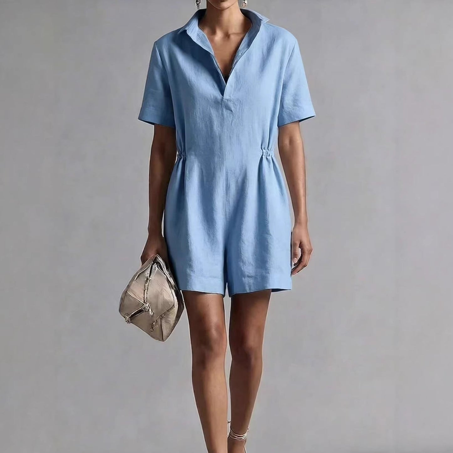 Women's Casual Lapel-Neck Three-Quarter Sleeve Split Jumpsuit