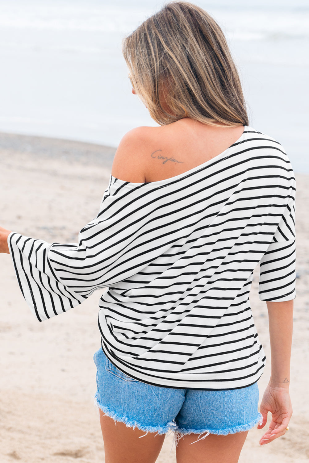 Threaded Pear Lilia Stripe Half Sleeve Scoop Neck Loose Top