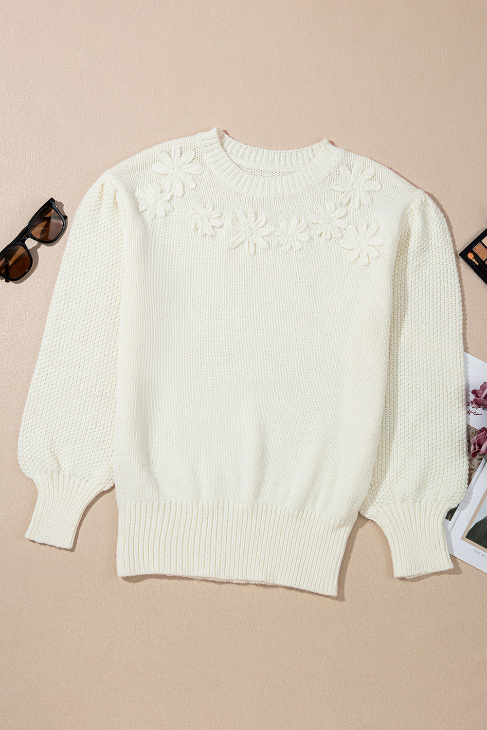 Threaded Pear Rheakara Textured Puff Sleeve Sweater