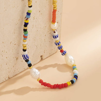 Red Howlite & Pearl Silvertone Beaded Choker Necklace