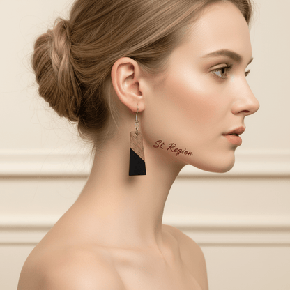 Black Resin & Wood Silvertone Patchwork Trapezoid? Hook Earrings
