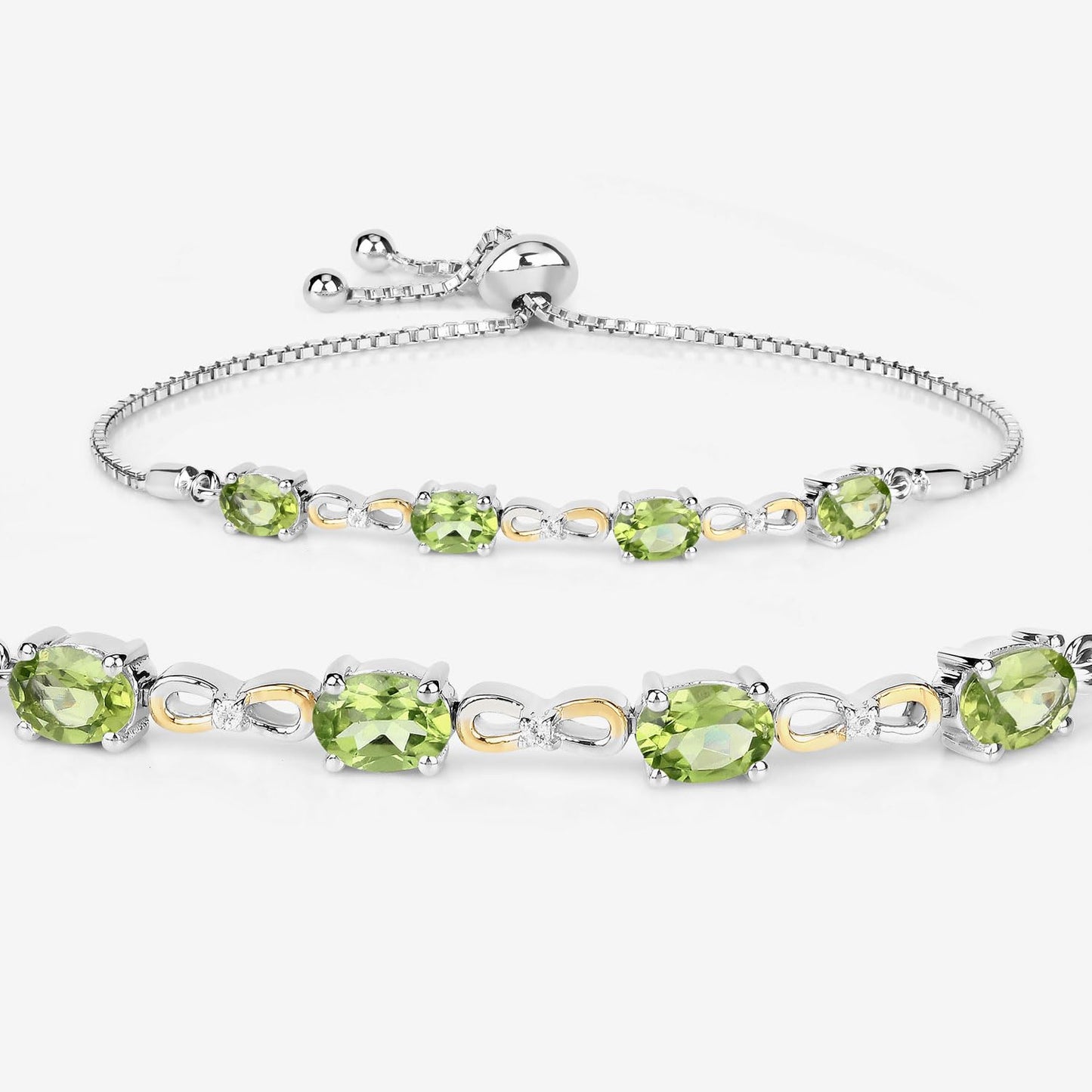 Oval Green Peridot Prong Two-Tone Gold Plated Silver Infinity Bolo Adjustable Bracelet