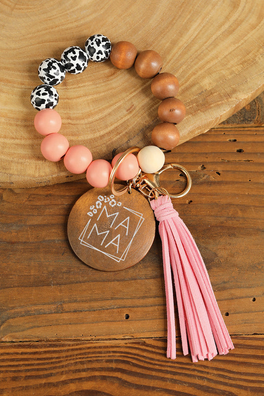 Threaded Pear MAMA Wood Pendant Leopard Fringe Keychain