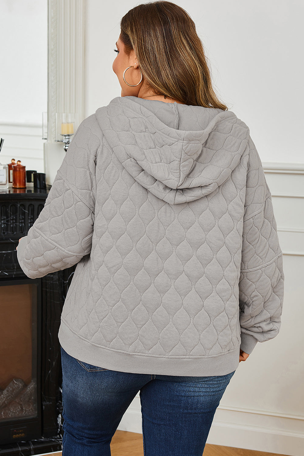 Threaded Pear Gray Quilted Quarter Zip Plus Size Hoodie