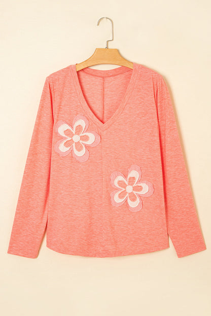 Threaded Pear Rachel Floral Patchwork V Neck Long Sleeve Top