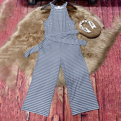 Women's Striped Halter Neck Jumpsuit with Self-Tie Belt & Wide-Leg Crop