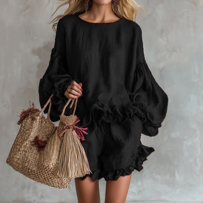 long sleeve two piece dress short Casual Short Two Piece Wedding Dress with Lace Top and Tulle Skirt