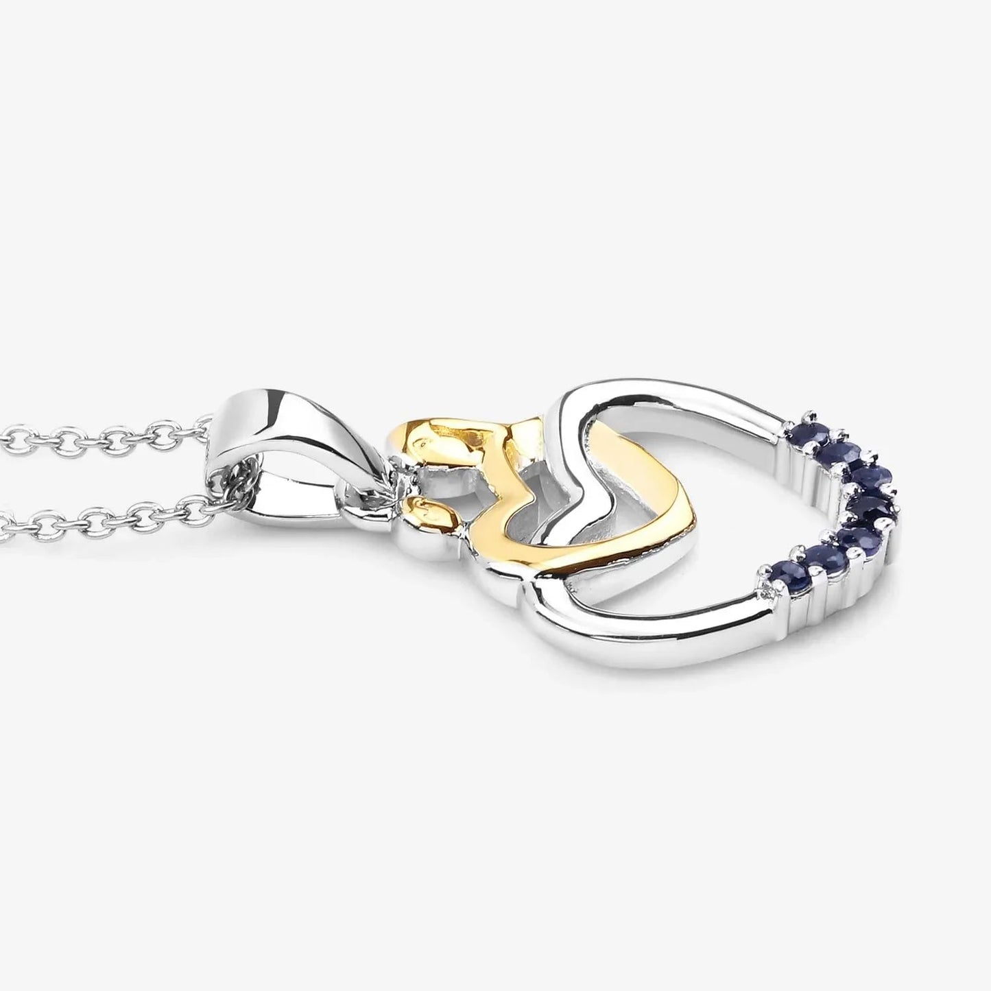Round Blue Sapphire Prong Silver Double Heart Pendant Necklace