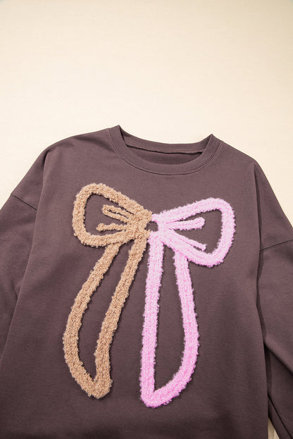 Threaded Pear Callie Terry Bow Pattern Drop Shoulder Sweatshirt