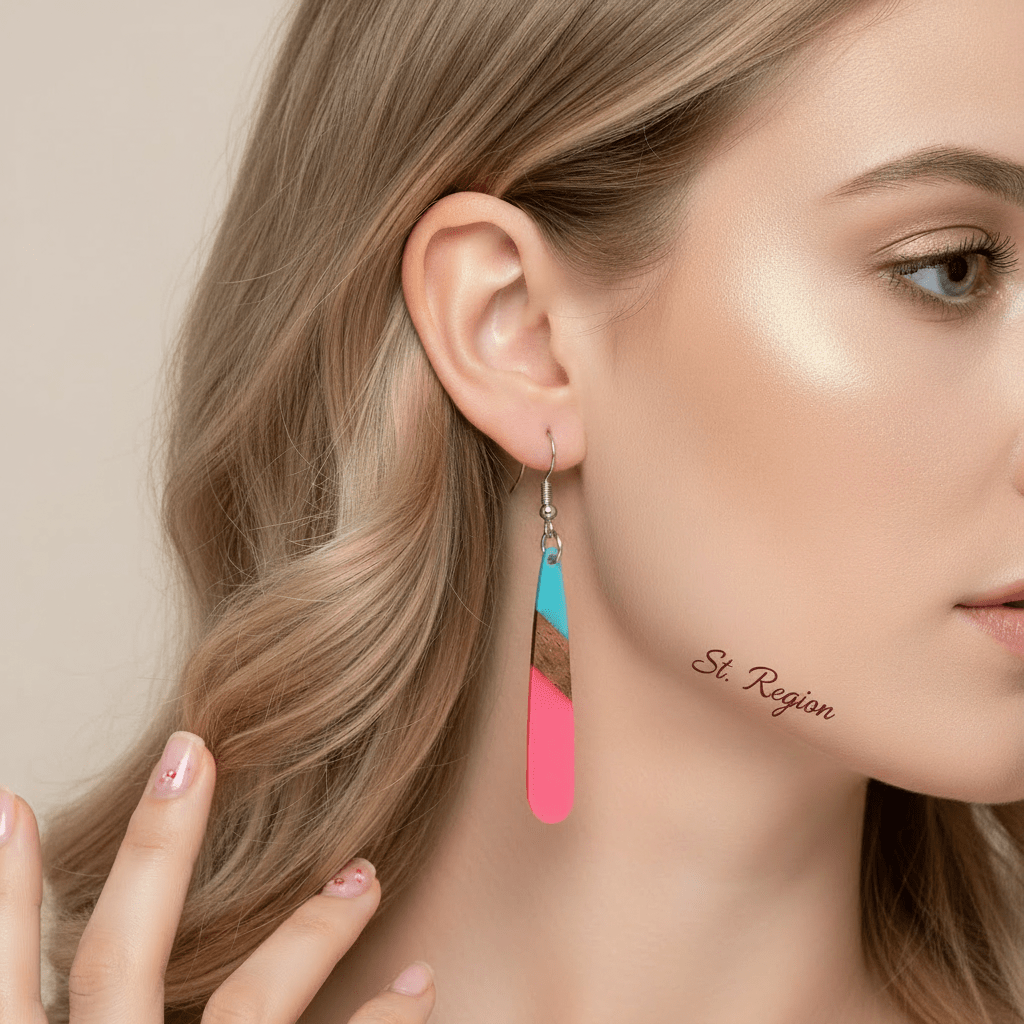 Cyan & Rose Resin Wood Silvertone Teardrop Hook Earrings