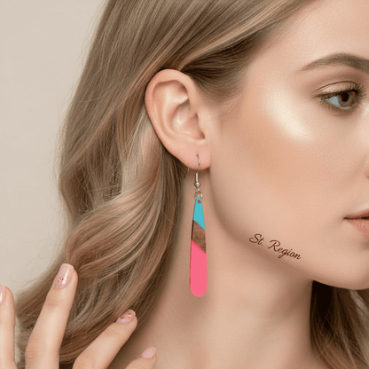 Cyan & Rose Resin Wood Silvertone Teardrop Hook Earrings