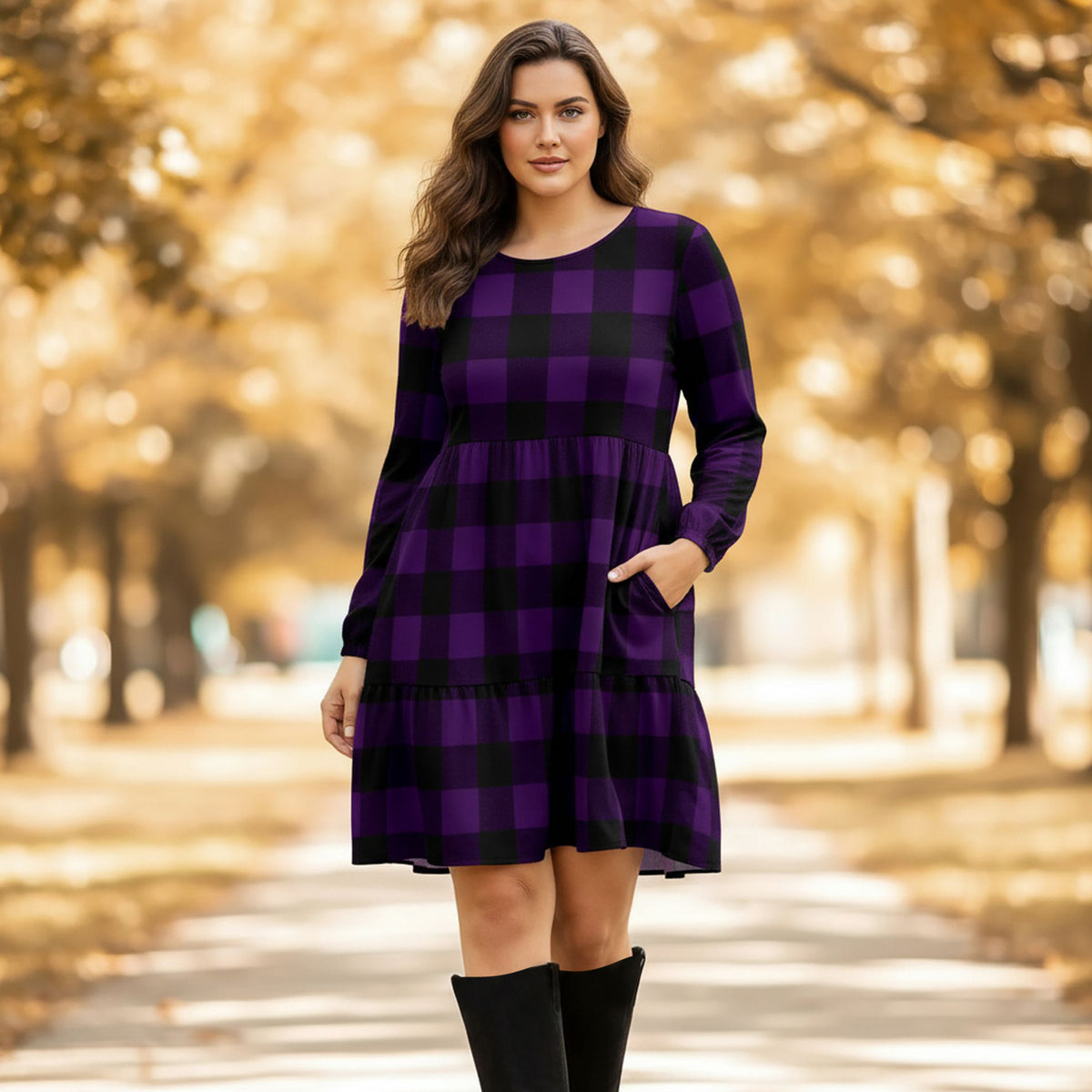 Purple Long Sleeve Ruffle Cuff Tiered Dress with Pockets