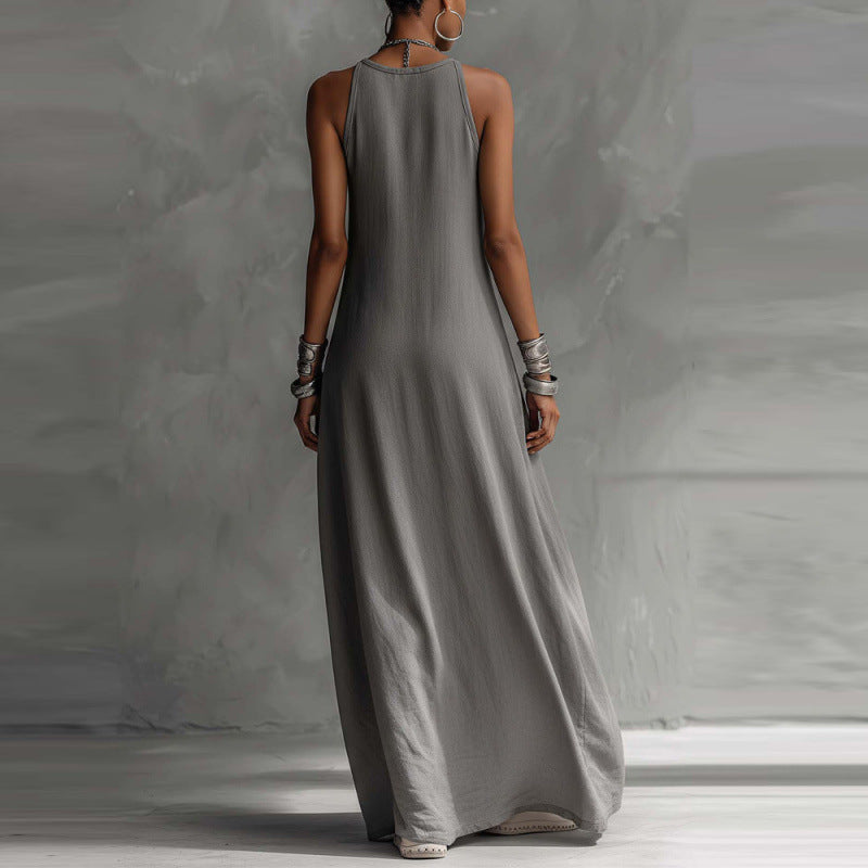 Off-Shoulder Color-Block Flared Maxi Dress with Pockets