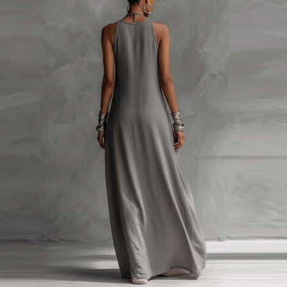 Off-Shoulder Color-Block Flared Maxi Dress with Pockets