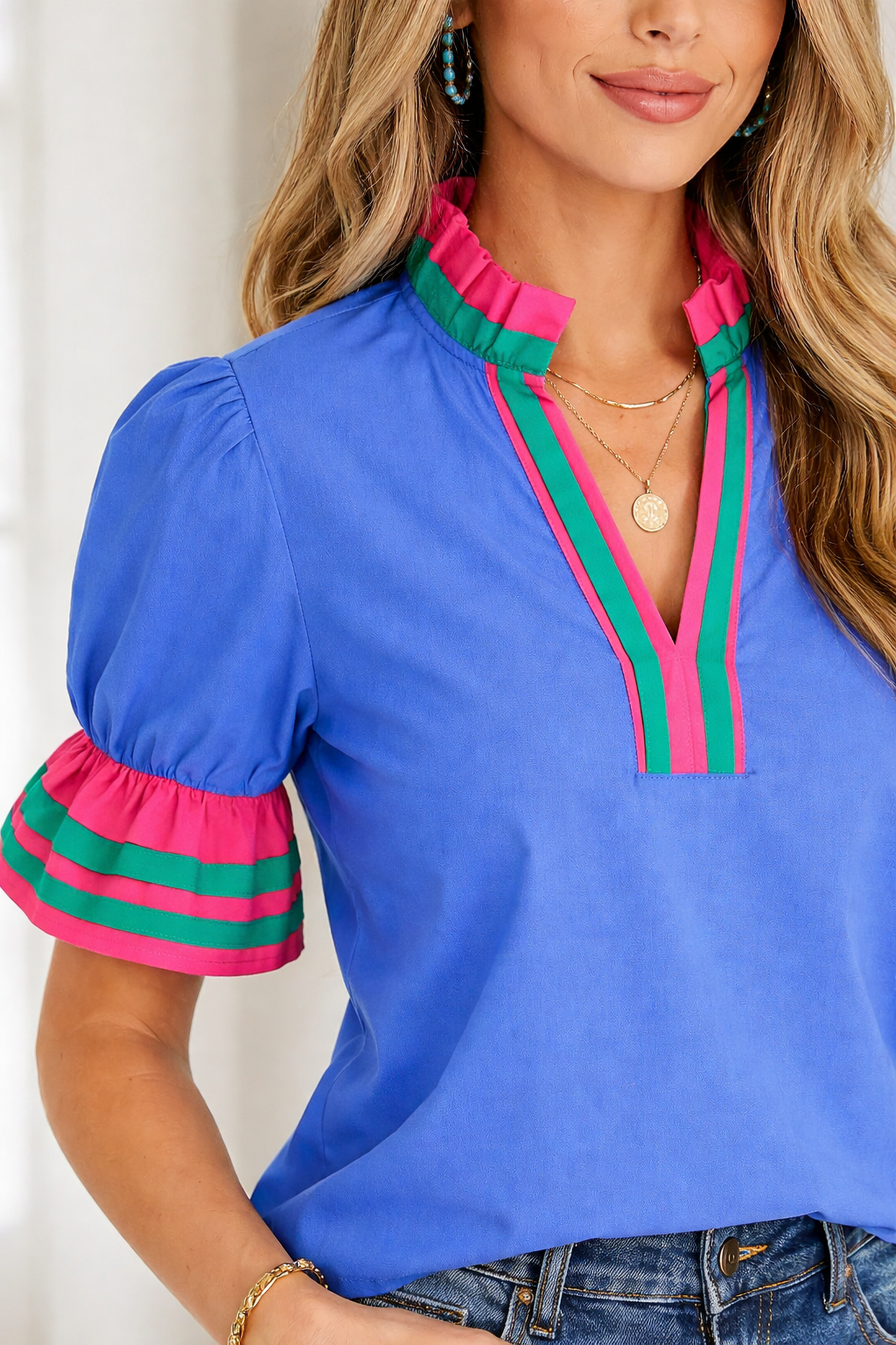 Threaded Pear Journee Ruffled Short Sleeve Blouse
