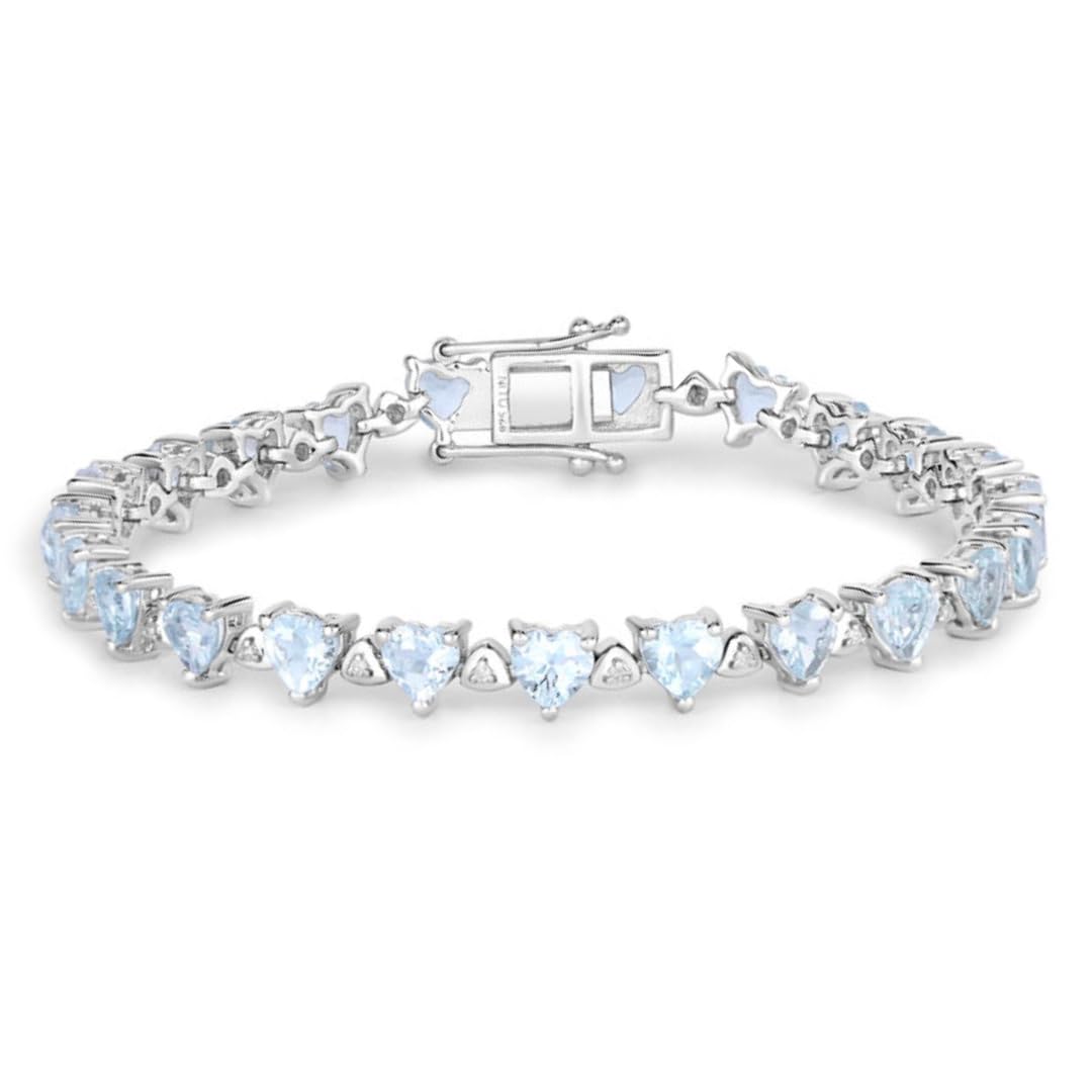 Heart Blue Aquamarine & Diamond Prong Silver Box Clasp Tennis Bracelet