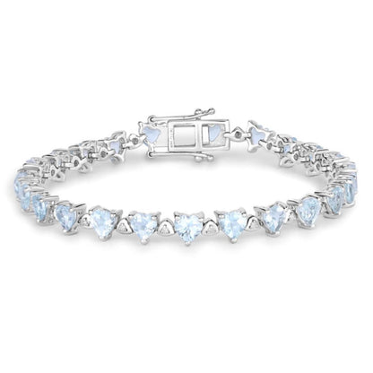 Heart Blue Aquamarine & Diamond Prong Silver Box Clasp Tennis Bracelet