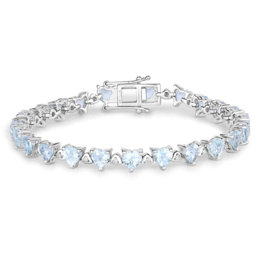 Heart Blue Aquamarine & Diamond Prong Silver Box Clasp Tennis Bracelet