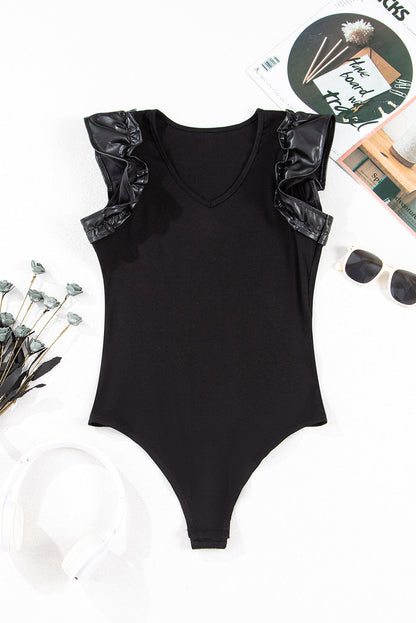 Threaded Pear Aniyah Ruffle Patchwork Ribbed V Neck Bodysuit