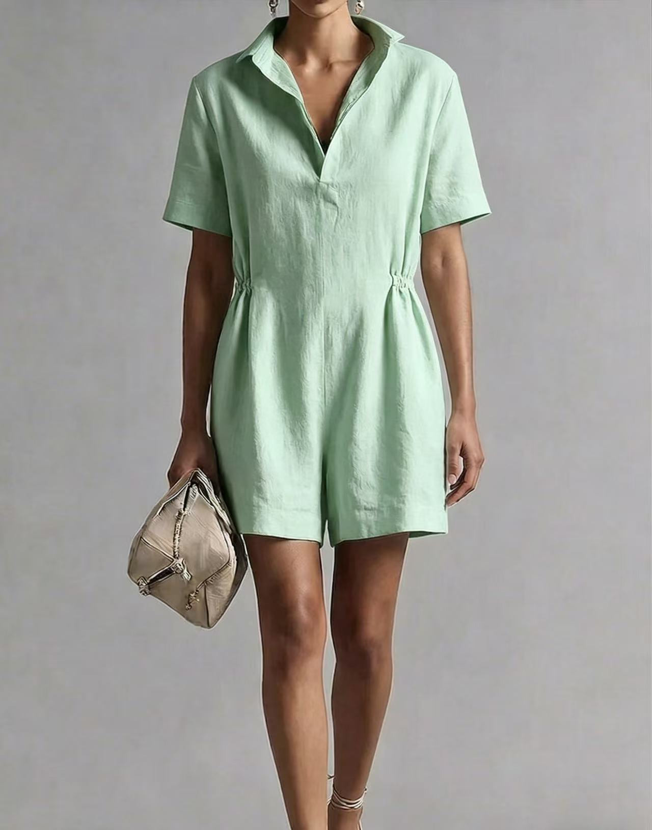Women's Casual Lapel-Neck Three-Quarter Sleeve Split Jumpsuit