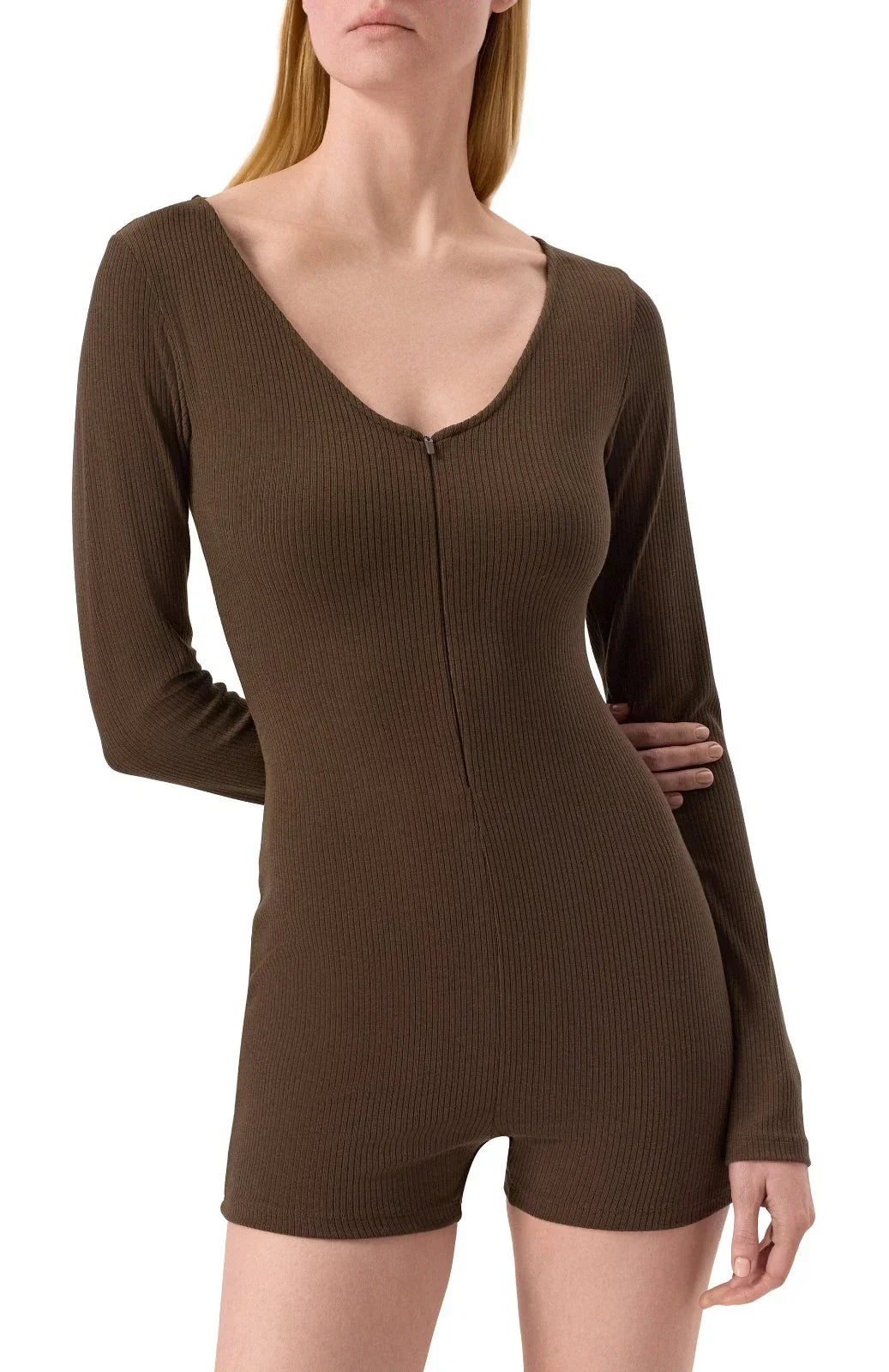 Alo Yoga Women's Romper Rib 1 2 Zip Long Sleeve One Piece — Brown/Heather