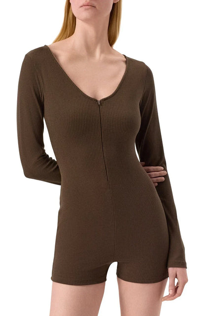 Alo Yoga Women's Romper Rib 1 2 Zip Long Sleeve One Piece — Brown/Heather