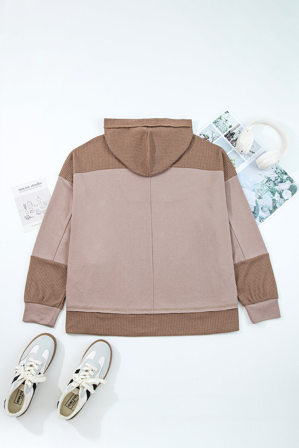 Threaded Pear Goat Waffle Contrast Patchwork Plus Size Pocketed Hoodie