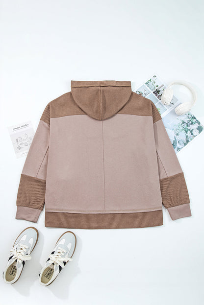 Threaded Pear Goat Waffle Contrast Patchwork Plus Size Pocketed Hoodie