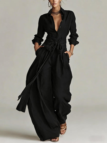Women's Linen Long Sleeve Shirt & High-Waist Wide-Leg Pants Set with Tie Belt