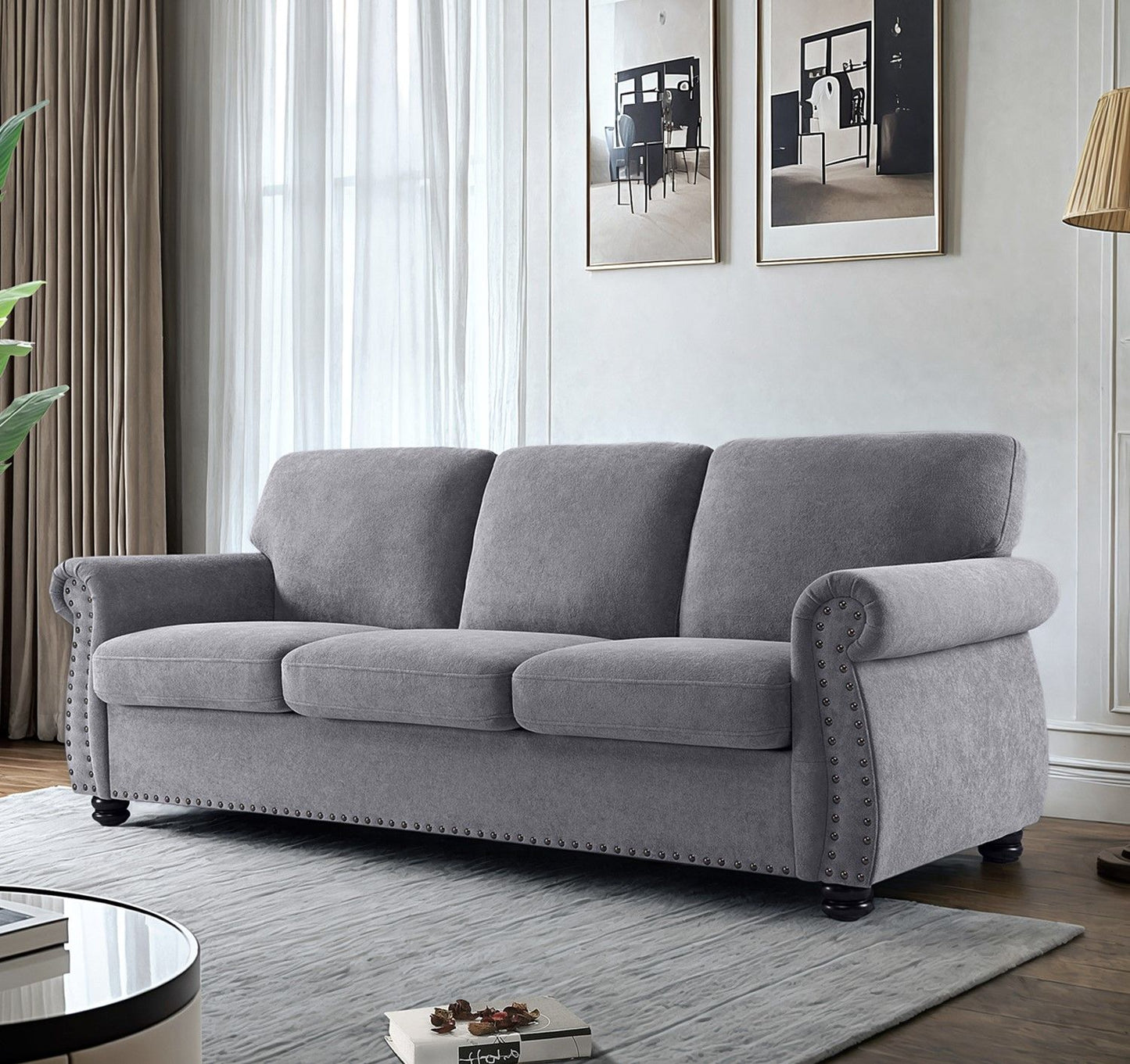 Soft Sofa, Upholstered 3 Seater Couch With High Density Foam, Loose Back Cushions and Turned Legs