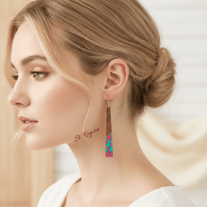 Rose & Blue Resin Wood Goldtone Long ?Trapezoid Hook Earrings