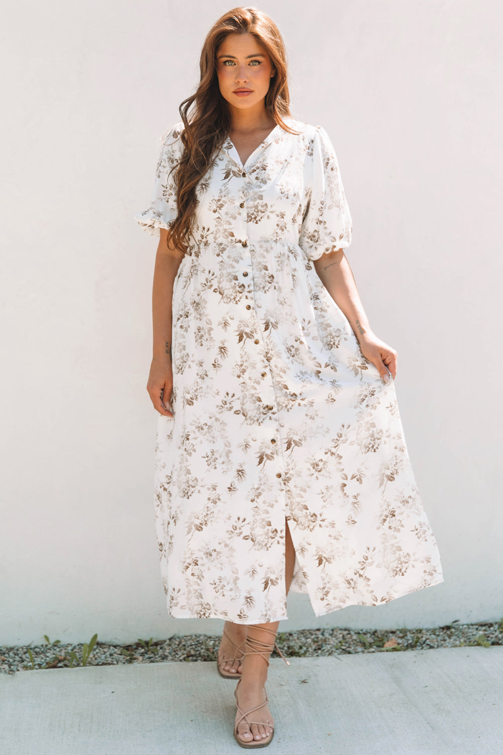Threaded Pear Iliana Floral Puff Sleeve V Neck Buttoned Front Maxi Dress