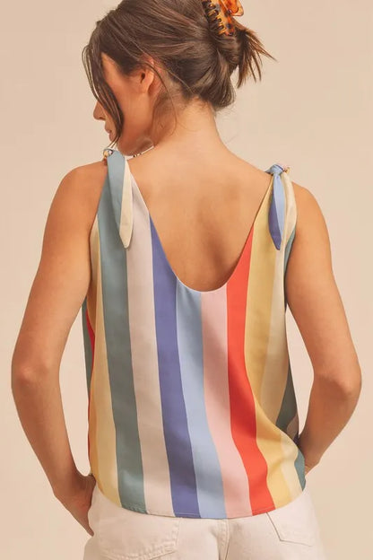 Aemi + Co Contrast Striped Scoop Neck Tie Shoulder Tank