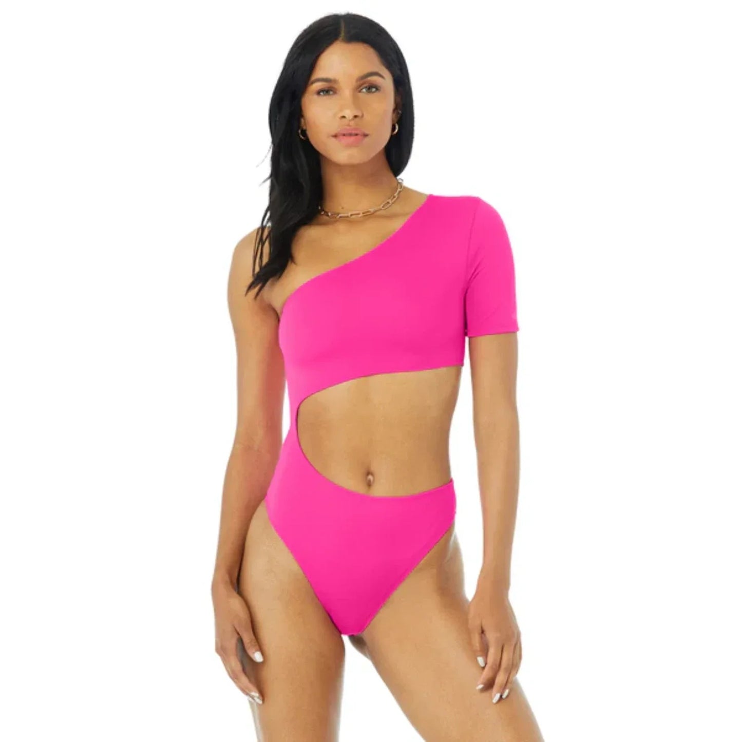 Alo Yoga Body Wave Cutout One Shoulder One Piece Women's Bodysuit — Neon Pink