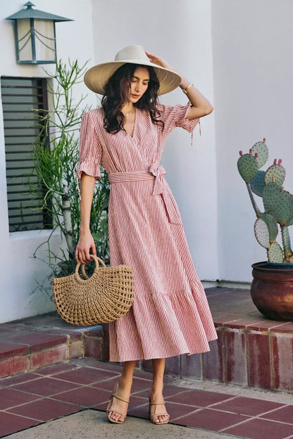 SO ME Stripe Textured Short Sleeves Lined Wrap Midi Dress