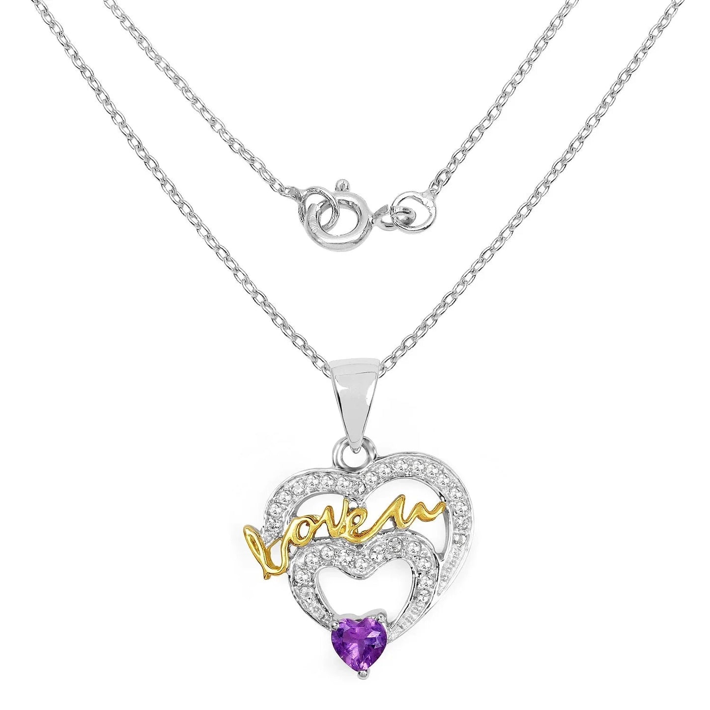 Heart Purple Amethyst Prong Silver Mom Charm Necklace